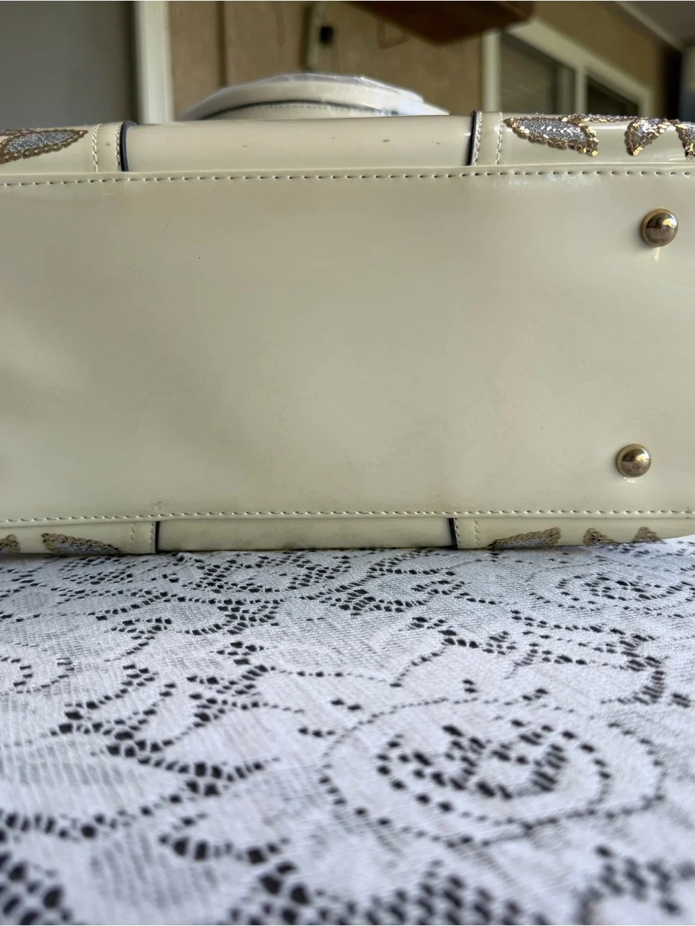 Cream Sequin Floral Satchel with Gold-Tone Accents